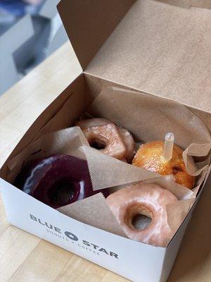 Our donuts: Buttermilk Old Fashioned, Pear Lavender Brûlée, Blueberry Bourbon Basil, The OG