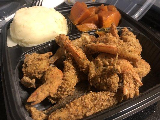 Shrimp and whiting with mashed potatoes and sweet potatoes