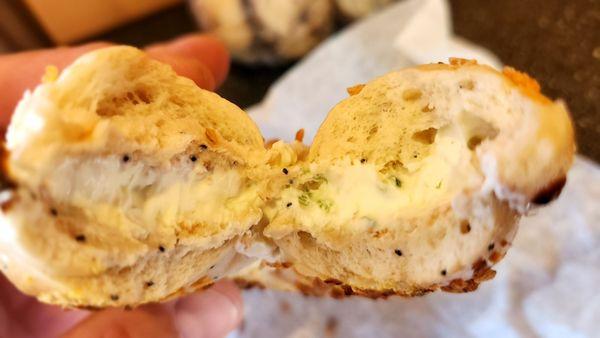 Onion Bagel ( Toasted , jalapeno smear)