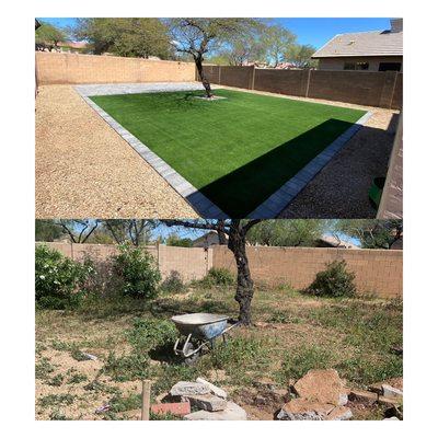 Backyard remodel slate pavers and artificial pet friendly grass