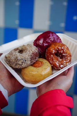 French Cruller, Cranberry Cake Donut, Filled Brioche Thumbprint, and Candied Ginger-Pear Fritter - IG: @nelson_eats