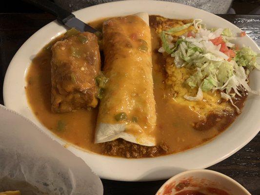 Crispy relleno, beef burrito, and cheese enchilada