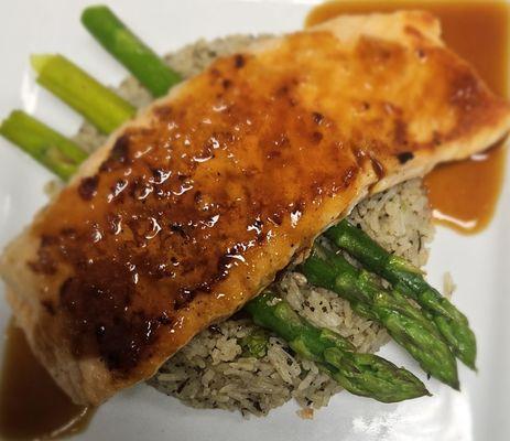 Honey Teriyaki Salmon with green pepper rice.  Your healthy option as part of our Friday Fish Fry