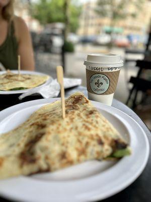 Mushrooms, Spinach & Bacon Crepe + Tokyo Rose Fog