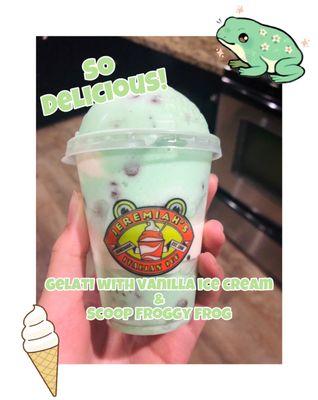 Gelati with vanilla ice cream and scoop froggy frog (mint chocolate chip)