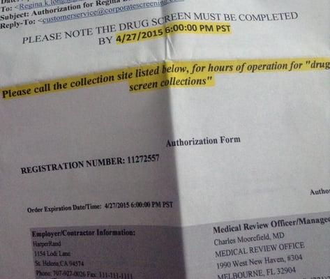 On this page it says drug test. All in ink but somehow I was wrong. I did the appointment scheduling online and my options were 345/415.