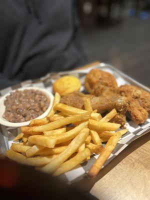 Another 3- Piece Fried Chicken Dark Meat with black eyed peas and fries