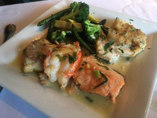 Seafood Special: Salmon, Bass, Prawns, Scalloped Potatoes, and Veggies