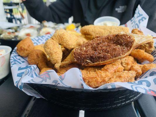 Seafood basket $22. Good to split.