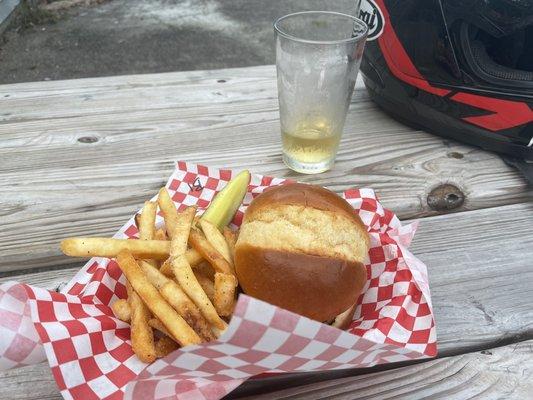 Cheese burger and fries.  Pint of the working man in the background