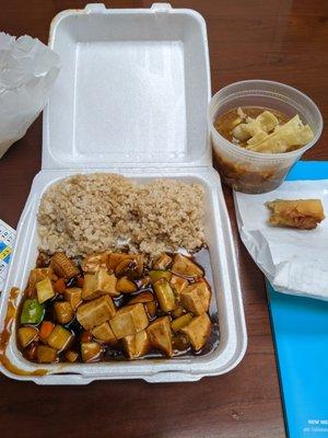 7 Vegetables and tofu with brown rice, hot and sour soup and an egg roll. This is a lunch special for $11