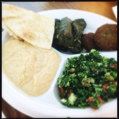 Vegetarian platter: hummus, tabouli, falafel & dolmas for $10.