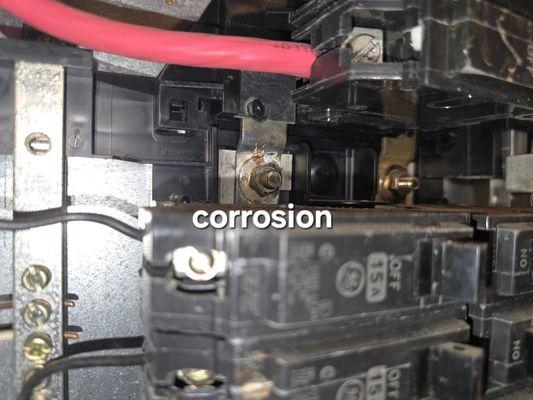 During this inspection, we observed corrosion on the service panel main disconnect.