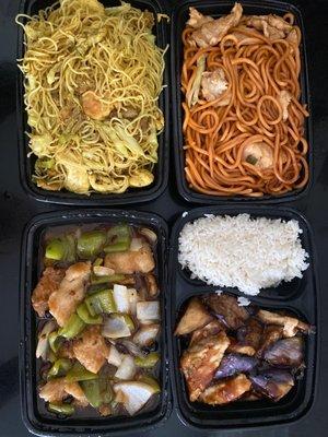 Singapore noodles, chicken chow mein, fish in black bean sauce, eggplant tofu lunch