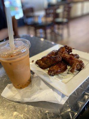 BBQ Chicken Wings, with Thai Tea and boba