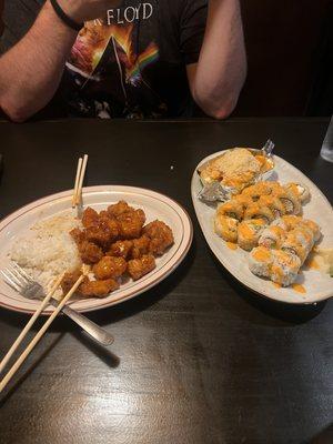 Orange Chicken Salmon Fire Bomber and a Spicy California Roll