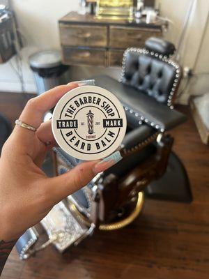 The Barber Shop Beard Balm for purchase. Men's grooming, beard care, barbershop, barber products, organic product, locally owned.