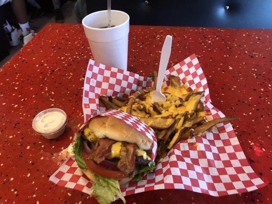 Bacon cheddar burger and cheesy fries