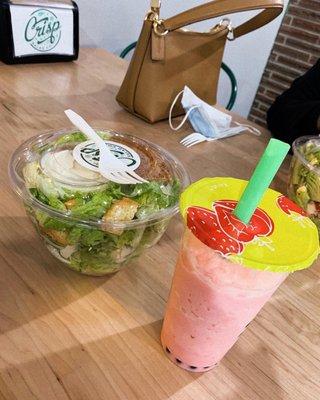 Caesar salad and boba from down the street