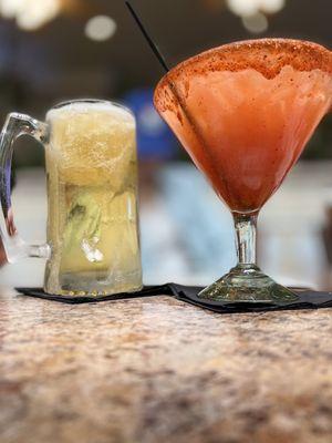 Cold beer & Mango Peach Margarita on the rocks rimmed with Tajin