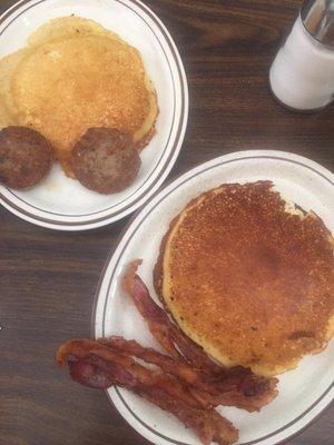 Pancakes with bacon and sausage