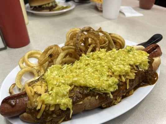 Foot long chili cheese coney with sweet slaw