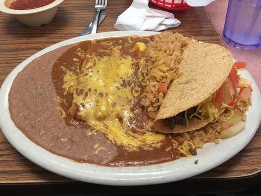 Enrique's Special - taco, enchilada, rice, refried beans