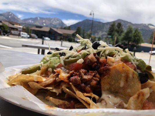 Al Pastor Nachos with a mountain view