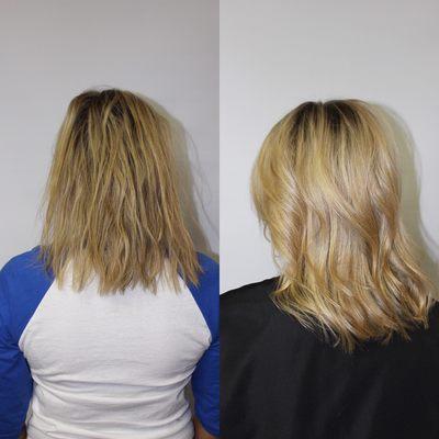 Partial highlight with a root smudge and an SOS conditioning treatment with a smooth boost