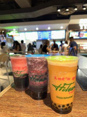 Fresh fruit Smoothies: Watermelon grass jelly (left), blueberry banana with boba (center), mango and boba (right)! With honey; no sugar!