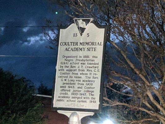 Coulter Memorial Academy Site Historical Marker, Cheraw