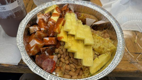 Pork Tenderloin with rice, beans and pineapple