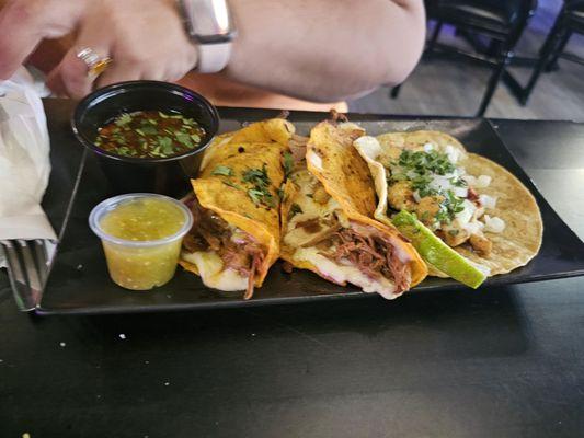 2 birria tacos, and a shrimp taco