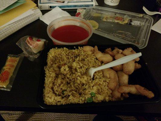 Sweet and sour chicken with pork fried rice (egg roll already in my belly!)