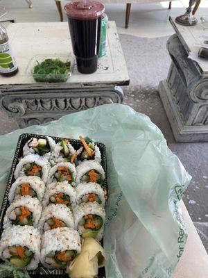 Custom California roll and large "red" & "green" Juice from menu and seaweed salad