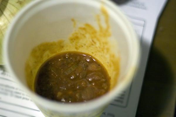 my "bowl" of chili in a small to-go coffee cup.