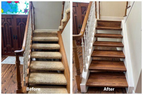 Removed Carpet and Installed Luxury Vinyl onto Floating Stairs. Installed new white Skirtboard to give a more modern look.