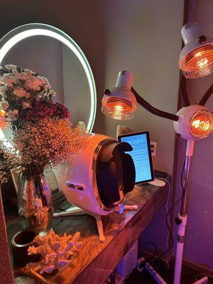 Our newest Facial Treatment room, showing our latest addition, AI skin analysis, and the Infrared Light Therapy.