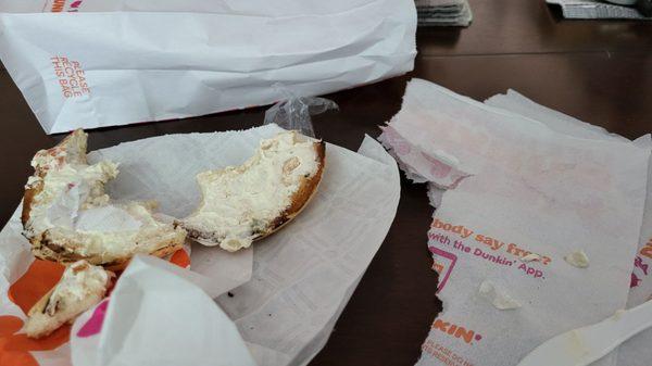 Dunkin Donuts bagel with cream cheese 300 Hartford Ave. Bellingham MA