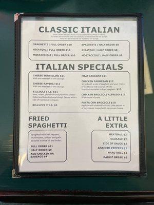 Pasta Menu