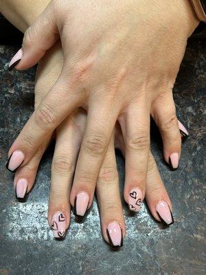 Black Tip and Nude Nails with Heart Pattern Accent