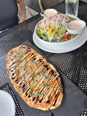 BYO flatbread with marinara, basil & balsamic glaze. The O-36 Salad with egg on the side.