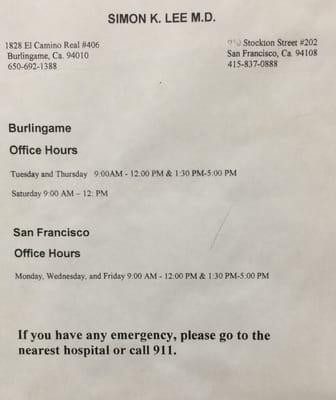 Dr. Simon Lee's Schedule (Burlingame & San Francisco)