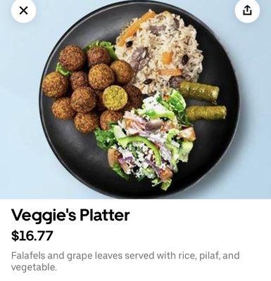 Veggie platter comes with falafel, grape leaves, veggie and rice pilaf