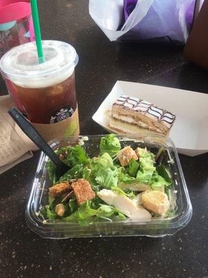 Chicken Caesar salad, Starbucks Iced Black Tea, & a slice of Napoleon cake.....