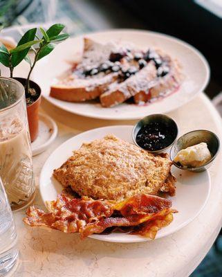 House made biscuit + jam, crispy bacon