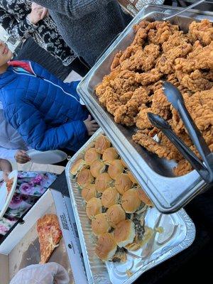 Cheese Pizza, French Fries, Fettuccini with Alfredo Sauce mini burgers, chicken strips, tomato pasta