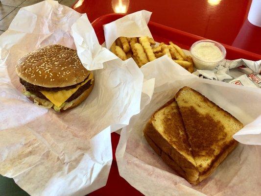 Basic but good double cheeseburger, fries, ranch dressing & grilled cheese