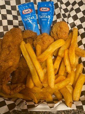 Catfish Basket, Hush Pups & Fries.