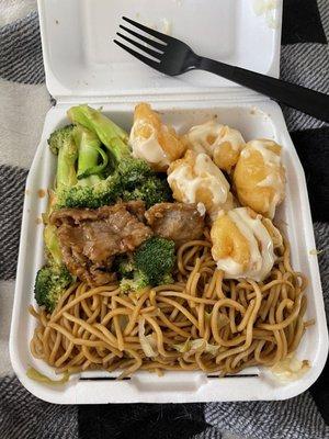 Beef and broccoli, walnut shrimp, chow mein